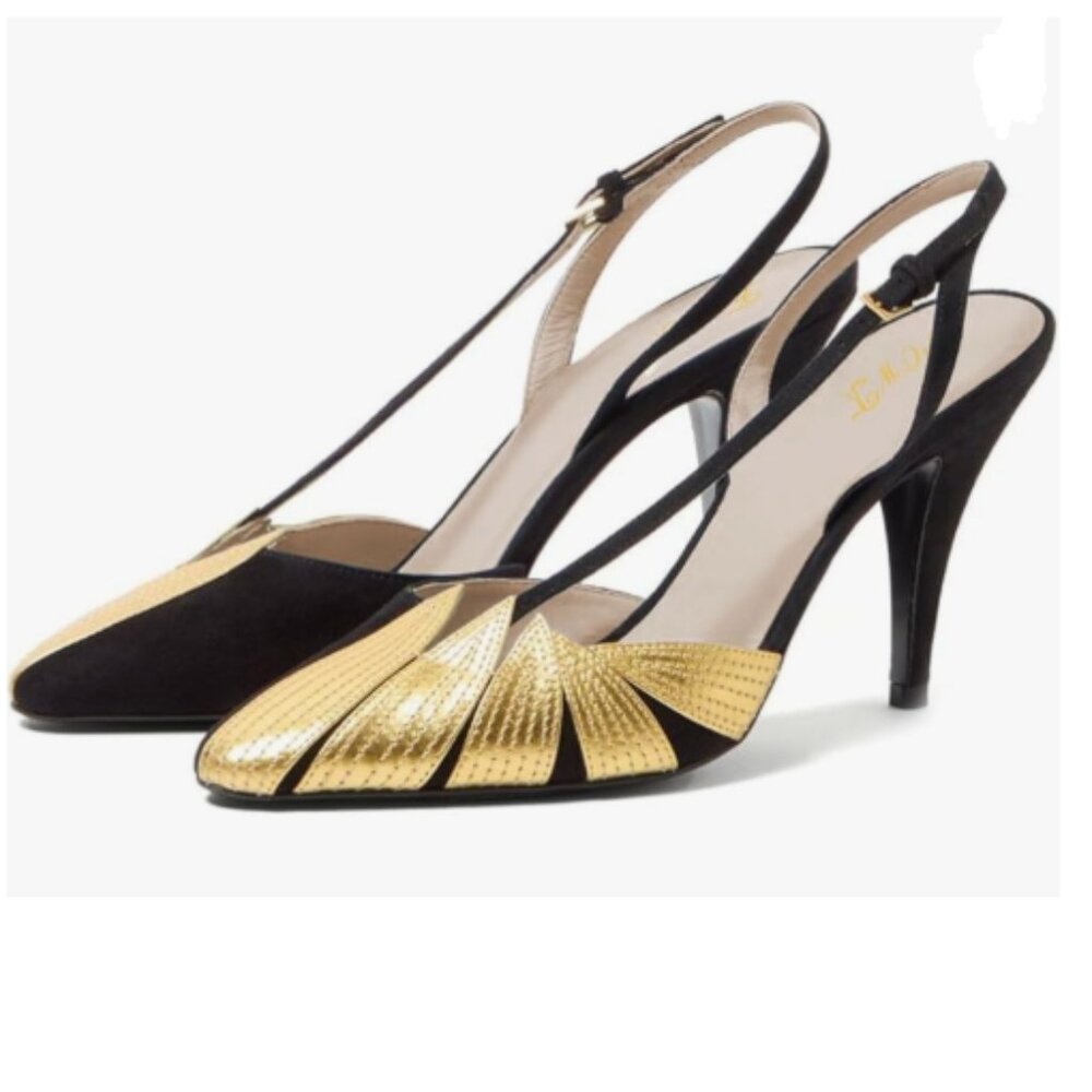 FOWT Black/Gold Petal Decor Pointed Toe Slingback Pumps High Heel Sandals